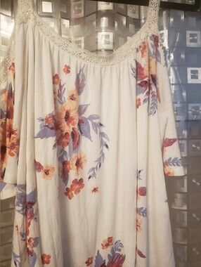 Mudd Cream Floral Print Top with Blue and Orange Accents
